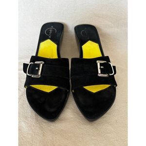 Espace by Robert Clergerie Lais buckle heeled wedge slide, black suede, size 8.5
